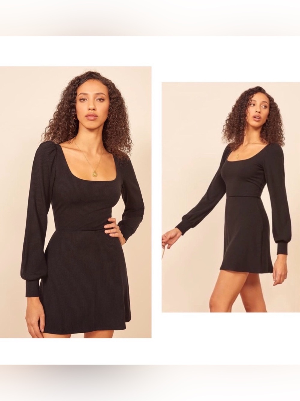 Reformation Linah Long Sleeve Mini Dress small ribbed black LBD